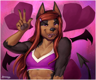 5_fingers anthro black_body black_fur black_nose border bra breasts brown_body brown_fur cleavage clothed clothed_anthro clothed_female clothing countershade_face countershade_neck countershade_torso countershading eyebrows eyelashes female female_anthro fingers fur gesture gloves_(marking) hair heart_symbol iris long_hair looking_at_viewer markings multicolored_body multicolored_fur narrowed_eyes pawpads pointy_ears prick_ears pupils purple_eyes simple_background snout solo spade_tail sports_bra tail teeth text tongue tongue_out two_tone_body two_tone_fur underwear white_background white_border mainlinemojo maya_(mainlinemojo) canid canine canis dobermann domestic_dog mammal pinscher 2024 absurd_res artist_name bust_portrait dated hi_res portrait