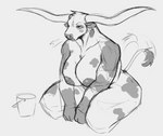 anthro big_breasts blush breasts breath bucket container ear_piercing ear_ring ear_tag female horn kneeling looking_at_viewer markings muscular nude piercing ring_piercing simple_background solo tail tail_motion tailwag thick_thighs conditional_dnp jezzlen bovid bovine cattle longhorn mammal digital_media_(artwork) hi_res monochrome sketch