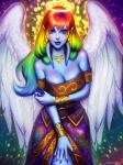 big_breasts blue_body blue_skin bracelet breasts cleavage clothed clothing dress feathered_wings feathers female hair halo jewelry long_nails multicolored_hair musical_instrument necklace not_furry ocarina pink_eyes rainbow_hair solo wind_instrument wings ayyasap eonbound xaessya angel humanoid phessian 3:4