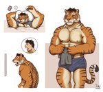 abs after_transformation anthro black_hair cellphone clothing countershade_hands countershading electronics front_view fur growth hair human_to_anthro looking_at_object male muscular muscular_anthro muscular_male nipples orange_body orange_fur pawpads phone question_mark realization sharp_teeth shirt shocked side_view simple_background smartphone solo species_transformation striped_body stripes teeth topwear torn_clothing torn_shirt torn_topwear transformation unaware_transformation waking_up white_background taitora chinese_zodiac year_of_the_tiger felid mammal pantherine tiger 2022 hi_res