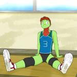 1:1 anthro anthrofied biped bulge clothed clothing fuze generation_3_pokemon gym hair hi_res jockstrap male nintendo pokemon pokemon_(species) pokemorph pose shirt sitting solo sport tank_top topwear treecko tym_(fuze) underwear uniform volleyball window