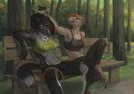 anthro bench black_lips black_nose breasts canid canine canis clothed clothing detailed_background duo female forest grin honovy honovy_(character) jacki_northstar lips mammal midriff murid murine muscular muscular_female nipples on_bench outside park plant rat relaxing rodent sitting smile sport translucent translucent_clothing tree wet wet_clothing wolf