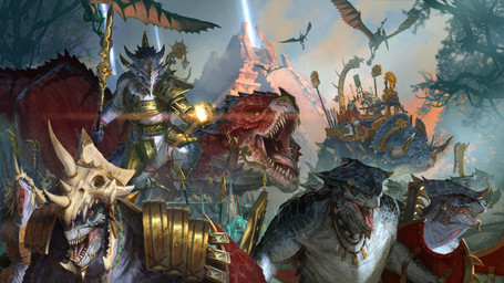 ambiguous_gender anthro armor blue_body blue_scales cloud day detailed_background featureless_crotch feral flying forest gold_(metal) gold_armor group holding_melee_weapon holding_object holding_polearm holding_spear holding_weapon horn jungle magic male melee_weapon membrane_(anatomy) membranous_wings open_mouth outside plant polearm pyramid red_body red_scales riding scales sharp_teeth size_difference skull_helmet spear teeth tree weapon wings diego_gisbert_llorens total_war:_warhammer warhammer_(franchise) ceratopsian dinosaur lizardman lizardman_(warhammer) marginocephalian ornithischian prehistoric_species pteranodon pteranodontid pterosaur reptile saurischian scalie theropod 16:9 absurd_res digital_media_(artwork) hi_res official_art widescreen