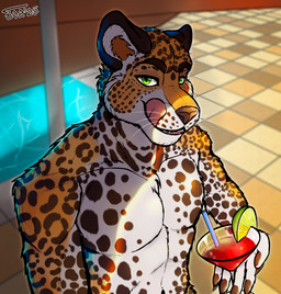 alcohol anthro beverage cocktail light looking_at_viewer male nexion smile smiling_at_viewer solo summer sunlight swimming_pool tongue tongue_out joe_bonecrusher felid feline leopard mammal pantherine absurd_res hi_res