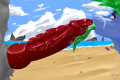 anthro beach beach_chair beach_towel beach_umbrella bedroom_eyes biceps big_butt big_penis bodily_fluids butt cloud female genitals glistening glistening_genitalia glistening_penis green_hair green_tongue group hair knot knotted_penis licking long_tongue lying male male/female narrowed_eyes on_front oral orange_eyes parasol penile penis penis_lick public public_sex ribbed_penis rock saliva sea seductive sex thick_thighs tongue towel vein water wreckerqd mythology background_character aquatic canid canine dragon fish mammal mythological_creature mythological_scalie reptile scalie shark snake absurd_res hi_res lineless signature