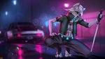 alternate_species anthro bottomwear clothing female furrification futuristic melee_weapon solo street_lamp streets sword topwear weapon zhadart cyberpunk_2077 porsche the_witcher cirilla_fiona_elen_riannon canid canine canis mammal wolf absurd_res hi_res