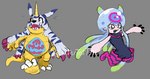 animal_skin anthro belly belly_markings claws duo female fur horn male markings moobs pink_body slightly_chubby striped_body striped_fur stripes tentacles tatertottoto bandai_namco digimon digimon_(species) gabumon humanoid jellymon hi_res