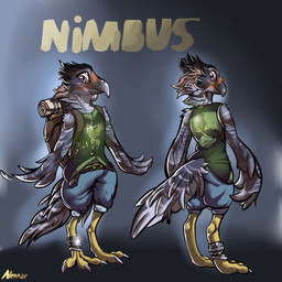 anthro backpack brown_eyes clothing feathers fur grey_body grey_fur male wings neppae_(artist) nimbus_(madwolly) avian bird crested_caracara falconid 1:1 absurd_res hi_res