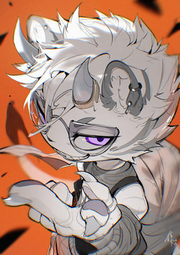 2_horns 5_fingers ambiguous_gender anthro claws clothed clothing digit_ring ear_piercing eyebrows eyewear finger_claws finger_ring fingers fur gesture glasses grey_body grey_ears grey_eyebrows grey_fur grin grinning_at_viewer hand_gesture head_horn horn horn_jewelry horn_ring jewelry orange_background pawpads piercing purple_eyes ring_(jewelry) simple_background smile smiling_at_viewer solo tail tail_tuft teeth toothy_grin topwear tuft vest wearing_glasses white_body white_ears white_fur white_sclera chiayeeee mammal unknown_species 2025 digital_drawing_(artwork) digital_media_(artwork) half-length_portrait hi_res portrait signature