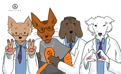 accessory alternate_species anthro balding clothing coat eyewear furrification gesture glasses group group_hug group_photo hair hand_gesture heart_gesture hev_suit hug hugging_another lab_coat messy_fur messy_hair necktie pawpads redesign scientist smile smiling_at_viewer tear_trough topwear tuft v_sign wearing_glasses mevka half-life valve valve_corporation gordon_freeman bloodhound canid canine canis chihuahua domestic_dog hunting_dog maltese mammal oriental_longhair scent_hound toy_dog hi_res