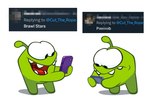 1_antenna ambiguous_gender antennae_(anatomy) cellphone censored_text duo electronics featureless_crotch frown green_antennae green_body holding_cellphone holding_object holding_phone holding_smartphone looking_down open_mouth phone simple_background smartphone smile standing teeth text tooth_gap tweet uvula white_background unknown_artist cut_the_rope twitter om_nom alien nommie 2025 english_text official_art
