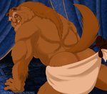 all_fours anthro blue_eyes brown_body brown_fur butt butt_polish carpet curtains drying drying_fur fur looking_at_viewer looking_back male muscular muscular_anthro muscular_male raised_tail solo tail towel greeneyedwolfking beauty_and_the_beast disney beast_(disney) mammal monster hi_res