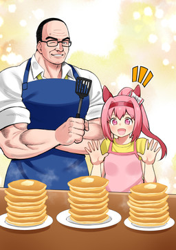 5_fingers abstract_background accessory apron bar_emanata black_hair blue_apron blue_clothing bow_ribbon butter clothing collared_shirt dairy_products duo emanata eyebrow_through_hair eyebrows eyewear female fingers food furniture glasses hair hair_accessory hair_bow hair_ribbon hairband looking_at_viewer male muscular muscular_human muscular_male necktie one_eye_closed open_mouth pancake pink_apron pink_clothing pink_eyes pink_hair plate ponytail ribbons shirt smile spatula table tools topwear translucent translucent_hair unusual_eyes white_clothing white_shirt white_topwear wink winking_at_viewer yellow_clothing yellow_necktie yellow_shirt yellow_topwear aramori_susumu cygames konami metal_gear metal_gear_rising:_revengeance platinumgames uma_musume_pretty_derby haru_urara_(pretty_derby) steven_armstrong_(mgr) animal_humanoid equid equid_humanoid equine equine_humanoid horse_humanoid human humanoid mammal mammal_humanoid 2025 absurd_res crossover hi_res