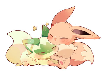 :3 ambiguous_gender blush blush_lines cheek_tuft duo eyes_closed facial_tuft feral fur green_body green_fur green_tail happy hug hugging_another long_ears nude open_mouth open_smile pawpads pink_pawpads simple_background sitting smile tail tan_body tan_fur tuft white_background yupo_0322 nintendo pokemon eevee generation_1_pokemon generation_9_pokemon pokemon_(species) sprigatito colored colored_sketch digital_drawing_(artwork) digital_media_(artwork) hi_res shaded sketch