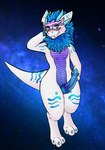 anonymous_artist anthro blue_tuft blush dragon fur furred_dragon furred_scalie genital_piercing genitals hi_res horn knot male markings mask mythological_creature mythological_scalie mythology penis penis_piercing piercing purple_body purple_scales scales scalie solo tuft white_body white_fur