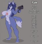 anthro areola big_areola big_breasts blue_body blue_fur blue_hair breasts cigarette exposure_variation feet female fur green_eyes grey_background gun hair holding_gun holding_object holding_ranged_weapon holding_weapon huge_breasts muscular muscular_anthro muscular_female nipple_piercing nipples piercing ranged_weapon simple_background solo weapon conditional_dnp wyntersun faith_(wyntersun) canid canine canis mammal wolf hi_res