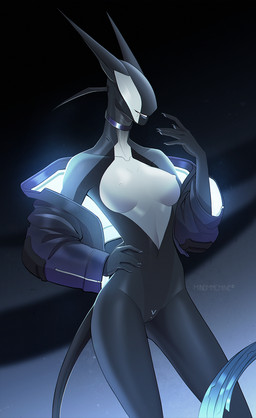anthro bottomless breasts character_veil clothed clothing collar eyeless fangs female genitals glistening glistening_body hand_on_hip jacket jacket_only machine nipples non-mammal_breasts non-mammal_nipples smile solo tail teeth topwear topwear_only vulva mindmachine acrador canid canine canis jackal mammal robot robot_anthro synth-crador hi_res