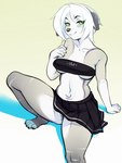 2019 5_fingers anthro areola biped blush bottomwear breasts canid canine canis clothed clothing delki digital_media_(artwork) domestic_dog exposure_variation female fingers hair hi_res mammal nails navel paws pinup pose shaded short_hair sitting skirt small_breasts smile smirk solo under_boob white_hair yellow_eyes