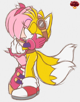accessory anthro barely_visible_genitalia barely_visible_penis boots clothing dress duo eyes_closed eyeshadow eyewear eyewear_on_head female footwear fur genitals gloves goggles goggles_on_head hair_accessory hairband handwear hug kissing makeup male male/female multi_tail penis pink_body pink_fur shirt shoes tail topwear ladycherrybomba sega sonic_the_hedgehog_(series) amy_rose miles_prower canid canine eulipotyphlan fox hedgehog mammal hi_res