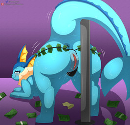 anus blue_body blush bodily_fluids butt clothing female feral genital_fluids genitals looking_at_viewer nude pole smile solo strip_club stripper stripper_pole tail underwear vulva cloudeon nintendo pokemon eeveelution generation_1_pokemon mammal pokemon_(species) vaporeon absurd_res digital_media_(artwork) hi_res