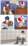 clothed clothing comic english_text fully_clothed hi_res human ike_(fire_emblem) male mammal mario_bros nintendo not_furry restraints speech_bubble straitjacket super_smash_bros. text toad_(mario) url yayster