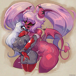 arm_grab armwear back_wings big_breasts blue_sclera blush bodily_fluids breasts clothing covering covering_mouth dominant dominant_female duo elbow_gloves elbow_gloves_only female female/female fingering from_behind_position genital_fluids genitals gloves gloves_only grey_body grey_skin hair handwear handwear_only horn horn_markings huge_breasts lactating larger_female legs_together legwear long_hair markings medium_breasts mostly_nude nipples one_eye_closed open_mouth open_smile pink_body pink_skin questionable_consent reach_around red_armwear red_clothing red_elbow_gloves red_gloves red_handwear red_legwear red_thigh_highs saliva sex size_difference smaller_female smile spade_tail star_(marking) submissive submissive_female sweat tail tears thigh_highs thigh_highs_only vaginal vaginal_fingering vaginal_fluids vulva white_hair wings yellow_sclera stormrayneart hazbin_hotel hellaverse helluva_boss emily_(hazbin_hotel) verosika_mayday angel demon demon_humanoid horned_humanoid humanoid seraph_(angel) succubus winged_humanoid 1:1 2024 hi_res