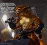 anthro clothing dialogue horn jockstrap male muscular solo text underwear conditional_dnp danza guild_wars patreon charr felid feline mammal 2024 english_text hi_res