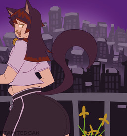 bottomwear building butt city city_background cityscape clothed clothed_humanoid clothed_male clothing ear_piercing facial_piercing fangs flower hair looking_back male multicolored_hair neck_bell nose_piercing nose_ring outside pants piercing plant pointy_ears prick_ears purple_sky railing red_hair ring_piercing sky skyscraper solo standing tail teeth text two_tone_hair taintedcan animal_humanoid cat_humanoid felid felid_humanoid feline feline_humanoid humanoid mammal mammal_humanoid 2026 absurd_res artist_name digital_drawing_(artwork) digital_media_(artwork) hi_res