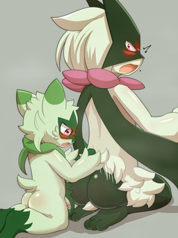 ambiguous_gender anthro blush bodily_fluids butt cheek_tuft duo facial_tuft feet fur fur_tuft genital_fluids genitals green_arms green_body green_butt green_ears green_fingers green_fur green_legs green_penis green_tail kneeling larger_ambiguous looking_at_butt male nude penis pink_penis pink_tongue precum size_difference smaller_male soles tail tongue tuft young young_anthro young_male popkage nintendo pokemon felid floragato generation_9_pokemon mammal meowscarada pokemon_(species) 2025 3:4 censored hi_res