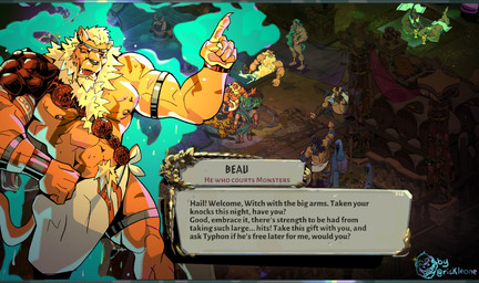 bath bathhouse beard clothing dialogue_box ear_piercing facial_hair facial_piercing gesture hand_gesture lip_piercing magic_user male muscular muscular_male piercing pointing pointing_up robe staff wearing_towel rickleone hades_(game) felid mammal pantherine satyr tiger himbo