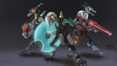3_fingers 3_toes ambiguous_gender anthro arm_quills armor blue_body description digitigrade energy_shield feet fingers focus_rifle green_body group holding_object holding_ranged_weapon holding_shield holding_weapon needler orange_eyes quill_hair ranged_weapon shield standing toes trio weapon akilae06 halo_(series) microsoft xbox_game_studios alien fan_species kig-yar ruuhtian scalie 16:9 colored hi_res widescreen