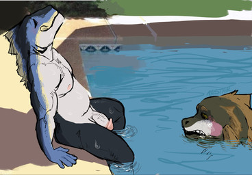 anthro belly black_legs blush blush_lines bodily_fluids circumcised detailed_background duo exhibitionism fin flaccid genitals glans hands_on_ground head_out_of_water leaning leaning_backward legs_in_water male male/male multicolored_body multicolored_scales nipples nude overweight pecs penis pink_glans pink_nipples pool scales scribbles sharp_teeth smile stare stock_image stressed sweat sweatdrop teeth twunk vein veiny_penis voyeur water water_drop white_body allstarfall nick_threesome toro_shinsetsu fish humanoid marine salmonid_(fish) yellowfin_tuna hi_res shaded