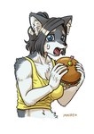 anthro artist_name black_hair blue_eyes bodily_fluids breasts burger canid canine canis claws cleavage clothed clothing dated fangs female food fur grey_body grey_fur hair hi_res holding_burger holding_food holding_object inner_ear_fluff kemono krystal_can't_enjoy_her_sandwich looking_at_viewer mammal medium_breasts meme midriff multicolored_body multicolored_fur oogami-san_(tsukareta_inu) open_mouth ponytail ryou sharp_teeth shirt solo sweat sweatdrop tank_top teeth topwear tsukareta-inu_no_anime tuft two_tone_body two_tone_fur upper_body white_body white_fur wolf yellow_clothing yellow_shirt yellow_tank_top yellow_topwear
