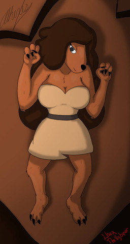anthro black_claws black_eyes black_nose blue_sash breasts brown_body brown_fur brown_hair brown_skin claws clothing dress female fur hair happy long_hair looking_at_viewer lying lying_on_ground on_back on_ground poofy_hair raised_arms smile smiling_at_viewer solo white_clothing white_dress white_sclera thevgbear adventure_time cartoon_network samantha_(adventure_time) canid canine canis domestic_dog mammal hi_res