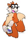 5_fingers anthro blush emoji eyewear fingers glasses looking_at_viewer male nipples open_mouth pose solo tablet catsudon fivethirtyeight fivey_fox canid canine fox mammal pinup