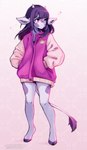 anthro clothed clothing female hair hand_in_pocket hooves horn jacket long_hair pockets purple_hair solo sparkles tail tail_tuft topwear tuft coffeechicken small_moo bovid bovine cattle mammal 2024 artist_name hi_res