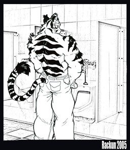 anthro bathroom belt biped bottomwear butt clothed clothing denim denim_bottomwear denim_clothing furgonomics genitals half-erect humanoid_genitalia humanoid_penis jeans male muscular muscular_anthro muscular_male pants penis public_restroom rear_view restroom_stall solo standing stripes tail tail_clothing topless urinal rackun felid mammal pantherine tiger 2005 monochrome