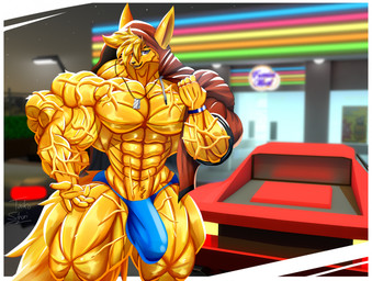 10-pack abs anthro biceps big_bulge big_muscles blonde_hair bottomwear bracelet bulge car clothed clothing detailed_bulge dog_tags fingerless_gloves forest forest_background fur genital_outline gloves hair handwear hood hoodie huge_muscles jewelry long_tail looking_at_viewer male muscular muscular_anthro muscular_arms muscular_male nature nature_background necklace obliques pants parking_lot partially_clothed pecs penis_outline plant pose purple_eyes smile smiling_at_viewer solo speedo standing swimwear tail thick_thighs topwear tree v-cut vehicle vein veiny_arms veiny_muscles yellow_body yellow_fur taiko-sihori canid canine fennec_fox fox mammal true_fox hi_res