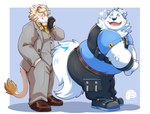 anthro belt blonde_hair blush butt clothing duo fur hair heart_symbol male male/male necktie overweight overweight_male suit teasing topwear vest white_body white_fur uwsponge lifewonders live_a_hero astosis yohack canid canine canis domestic_dog felid lion mammal nordic_sled_dog pantherine samoyed spitz