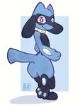 ambiguous_gender anthro blue_body blue_fur digitigrade fur looking_at_viewer pawpads paws red_eyes simple_background solo hornygoatbritt nintendo pokemon canid canine generation_4_pokemon mammal pokemon_(species) riolu absurd_res hi_res