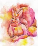 anthro breasts female open_mouth solo lirkov avian bird canid canine chicken fox galliform gallus_(genus) mammal phasianid red_fox true_fox digital_media_(artwork) hi_res painting_(artwork) traditional_media_(artwork) watercolor_(artwork)