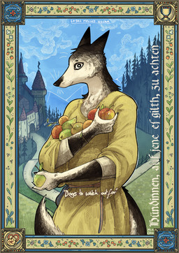 anthro apple belt blue_sky brown_body brown_fur castle container cup detailed_background detailed_border female flower food fruit fur goblet grass holding_apple holding_food holding_fruit holding_object holding_pear knife medieval_clothing medieval_style mountain multicolored_body neck_tuft pear plant pretzel_(food) sky solo text tree tuft two_tone_body white_text mia_cain vesna_(mia_cain) canid mammal cover cover_art cover_page english_text hi_res signature