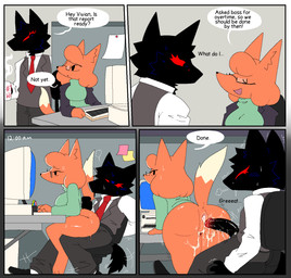 accessory anthro biped black_body black_fur blazer bodily_fluids bottomless bottomless_anthro bottomless_female bottomwear businesswear butt casual_sex chair chair_position cheek_tuft clothed clothed_male clothed_sex clothing cock_warming coffee_mug collared_shirt cubicle cum cum_from_vagina cum_in_vagina cum_inside dialogue digitigrade dipstick_tail dress_shirt dripping drooling duo ejaculation electronics eye_contact eyewear facial_tuft female footwear from_behind_position fully_clothed fully_clothed_male fur furgonomics furniture genital_fluids genitals glans glasses glistening glistening_butt glistening_genitalia glistening_penis glistening_thighs green_clothing green_topwear grey_bottomwear grey_clothing grey_topwear head_tuft humanoid_genitalia humanoid_penis interspecies keyboard leaking_cum looking_at_another looking_at_screen male male/female markings monitor motion_lines multitasking necktie night note office on_chair open_mouth open_smile orange_body orange_fur pants penetration penile penile_penetration penis pull_out red_sclera saliva saliva_drip sex shirt shoes side_view simple_eyes sitting sitting_on_another sitting_on_chair smile socks sweat sweater table tail tail_grab tail_markings text three-quarter_view time topwear tuft unprofessional_behavior vaginal vaginal_penetration vest vulva white_clothing white_topwear snazzle_snapp akuma_(snazzle_snapp) canid canine canis fox mammal wolf 2026 comic digital_drawing_(artwork) digital_media_(artwork) english_text hi_res