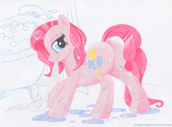 bath blue_eyes butt cutie_mark female feral fur hair looking_at_viewer pink_body pink_fur pink_hair simple_background smile solo text towel water wet wet_hair white_background twilightflopple friendship_is_magic hasbro my_little_pony pinkie_pie_(mlp) earth_pony equid equine horse mammal pony 2012 english_text signature url