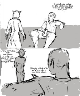 anthro balls clothed clothing duo erection fur genitals hair male male/male nipples nude nude_male simple_background size_difference slave tail text jeri_kleinlowe microsoft the_elder_scrolls dunmer elf felid feline humanoid khajiit mammal 2022 comic english_text hi_res