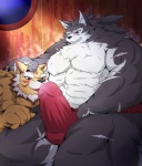 abs anthro asian_clothing biceps big_muscles blush bodily_fluids bulge clothing duo east_asian_clothing erection fundoshi fur genital_fluids genitals grey_body grey_fur huge_muscles japanese_clothing male male/male muscular muscular_male pecs penis precum red_eyes scar underwear chocobo4869 sega shining_(sega) shining_force shining_wind raihi_(shining) rouen_(shining) canid canine canis felid mammal pantherine tiger wolf