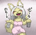 4_fingers anthro beverage blush clothed clothing cute_fangs eyes_closed fangs female fingers fluffy fluffy_tail fur hair happy heart_symbol holding_object open_mouth solo tail tan_body tan_fur teeth text towel wet white_body white_fur white_hair sirahtama canid mammal 2019 hi_res portrait three-quarter_portrait translated