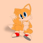 anthro clothing dipstick_tail footwear gloves handwear looking_at_viewer male markings multi_tail shoes simple_background sitting smile solo tail tail_markings fuzefurry sega sonic_the_hedgehog_(series) miles_prower canid canine fox mammal 2022 absurd_res hi_res