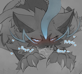 ambiguous_anthro ambiguous_gender anthro bedroom_eyes blood blue_eyes blush blush_lines bodily_fluids claws cum cum_in_mouth cum_inside cute_fangs deep_throat drinking drinking_cum duo eyelashes fangs fellatio first_person_view genital_fluids genitals heart_symbol looking_at_viewer male male/ambiguous male_human narrowed_eyes onomatopoeia oral oral_penetration oral_purring penetration penile penis purring scar scratches seductive sex sound_effects teeth text whiskers storm_(artist) nintendo pokemon felid feline generation_7_pokemon human legendary_pokemon mammal pokemon_(species) zeraora 2026 digital_media_(artwork) hi_res restricted_palette female_(lore)