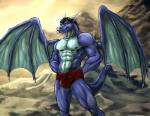 abs anthro athletic biceps big_muscles biped black_hair blue_body blue_eyes blue_skin briefs bulge clothed clothing fangs grey_body grey_skin grin hair horn looking_at_viewer male membrane_(anatomy) membranous_wings mountain muscular muscular_anthro muscular_male nipples outside pecs pose scales smile solo standing tail teeth topless underwear vein wings bleakcat mythology dragon mythological_creature mythological_scalie reptile scalie